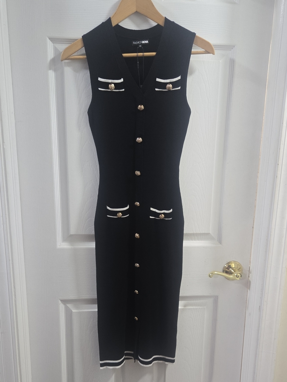 Fashion Nova Black Sleeveless Midi Dress with White Trim and Gold Buttons